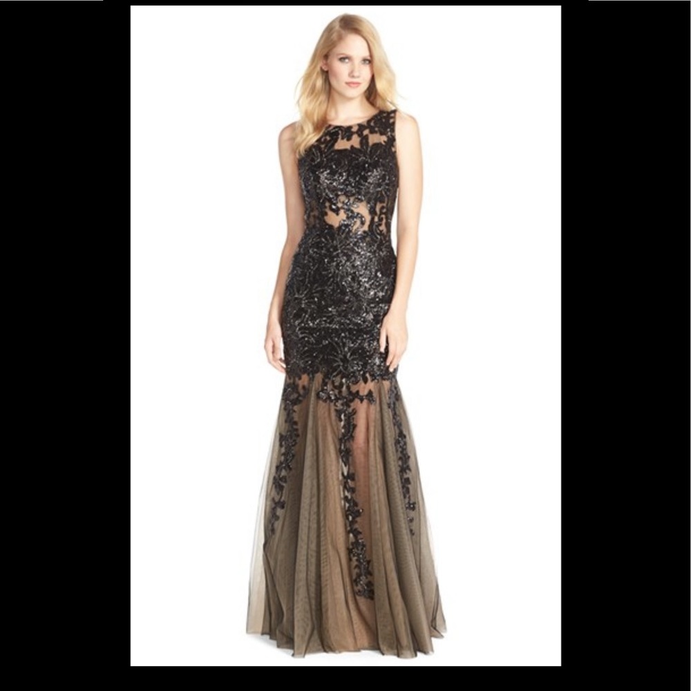 Jovani Black Sequin And Floral Appliqué Gown